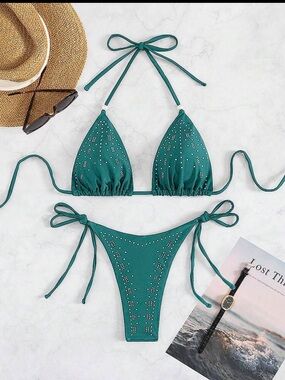 SHEIN Teal Green Studded Tie-Side Bikini Set - Women Swim